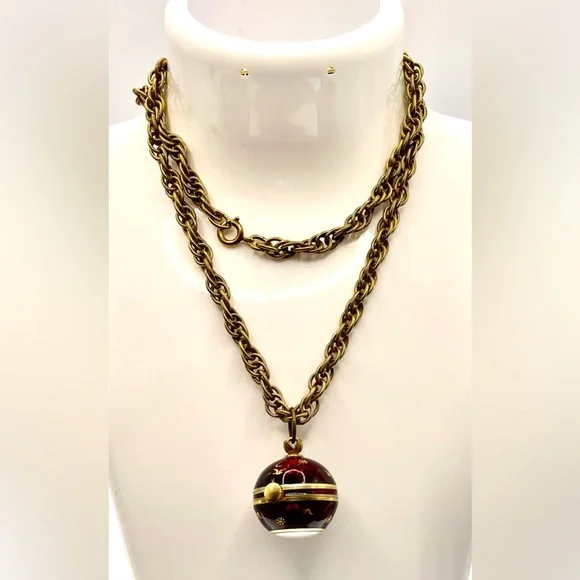 Vintage 1960s Signed Jean Perret Gold Tone Red Enamel Orb Necklace Watch Working - Picture 9 of 14